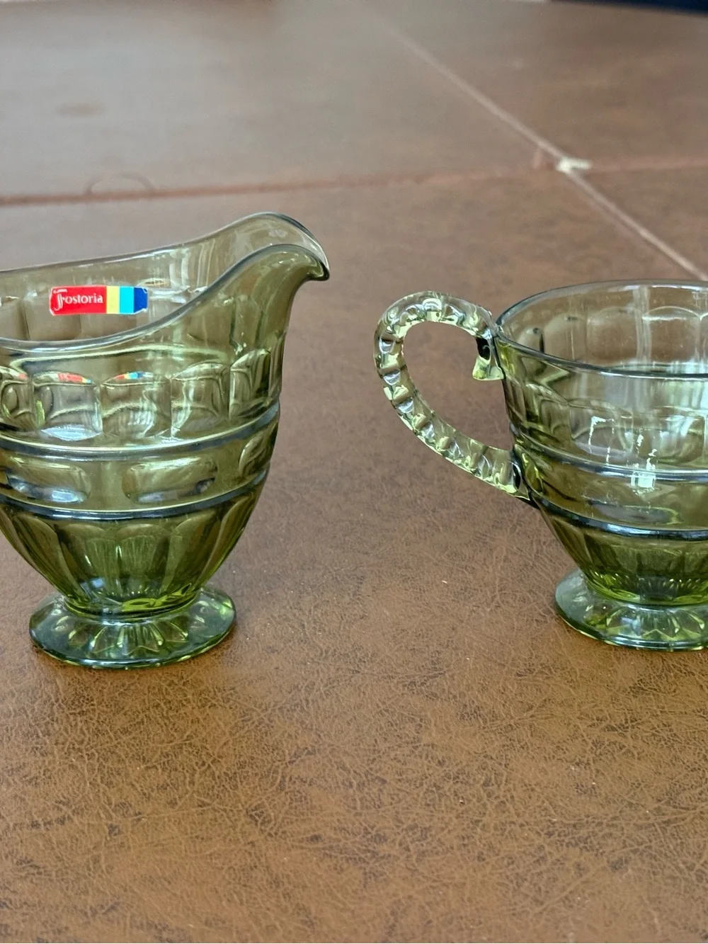 Vintage Fostoria Hermitage green glass Creamer and Sugar Set w sticker EUC